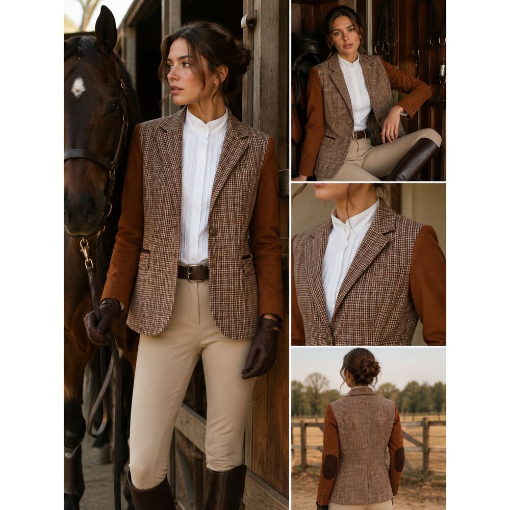 Love Tree Houndstooth Blazer Jacket Large Brown Faux Suede Elbow Patch Academia